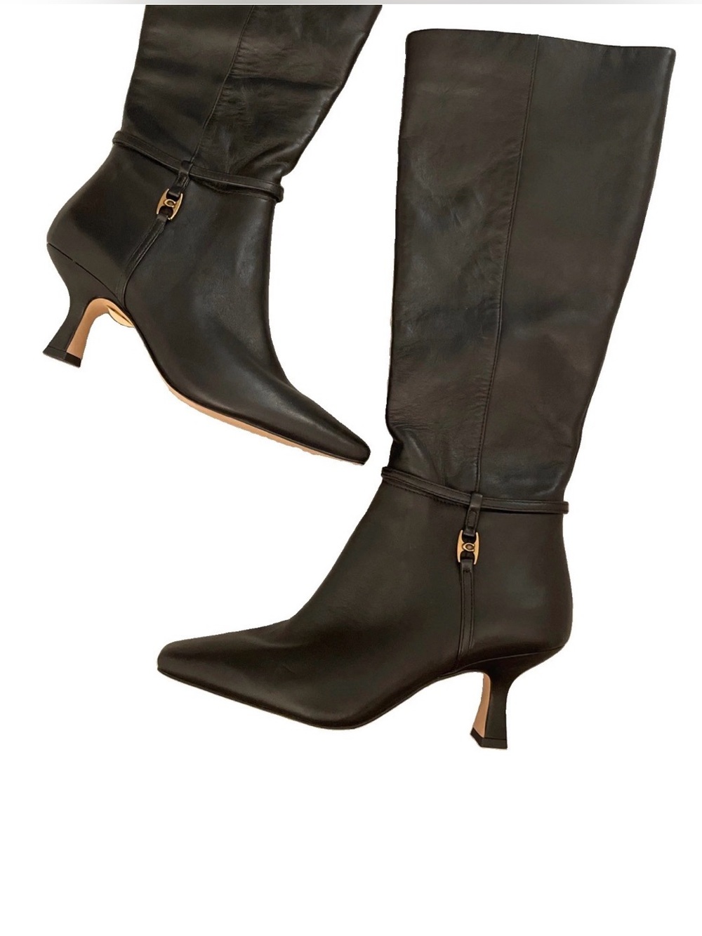 NEW Coach Raquel Black Tall Leather Boots Knee High Kitten Heel Size 5 Gold Logo
